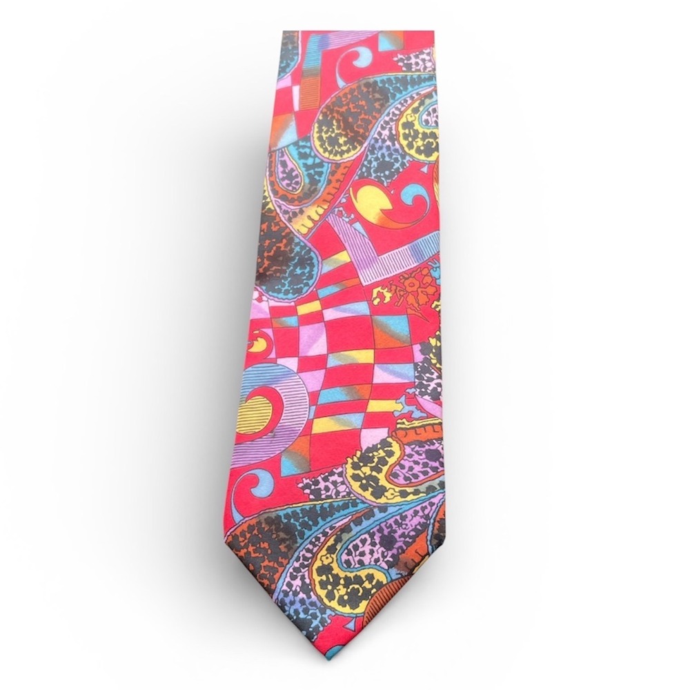 Vintage Kenzo Paris Mens Silk Tie Red Multi Paisley Geometric‎ Made in Italy